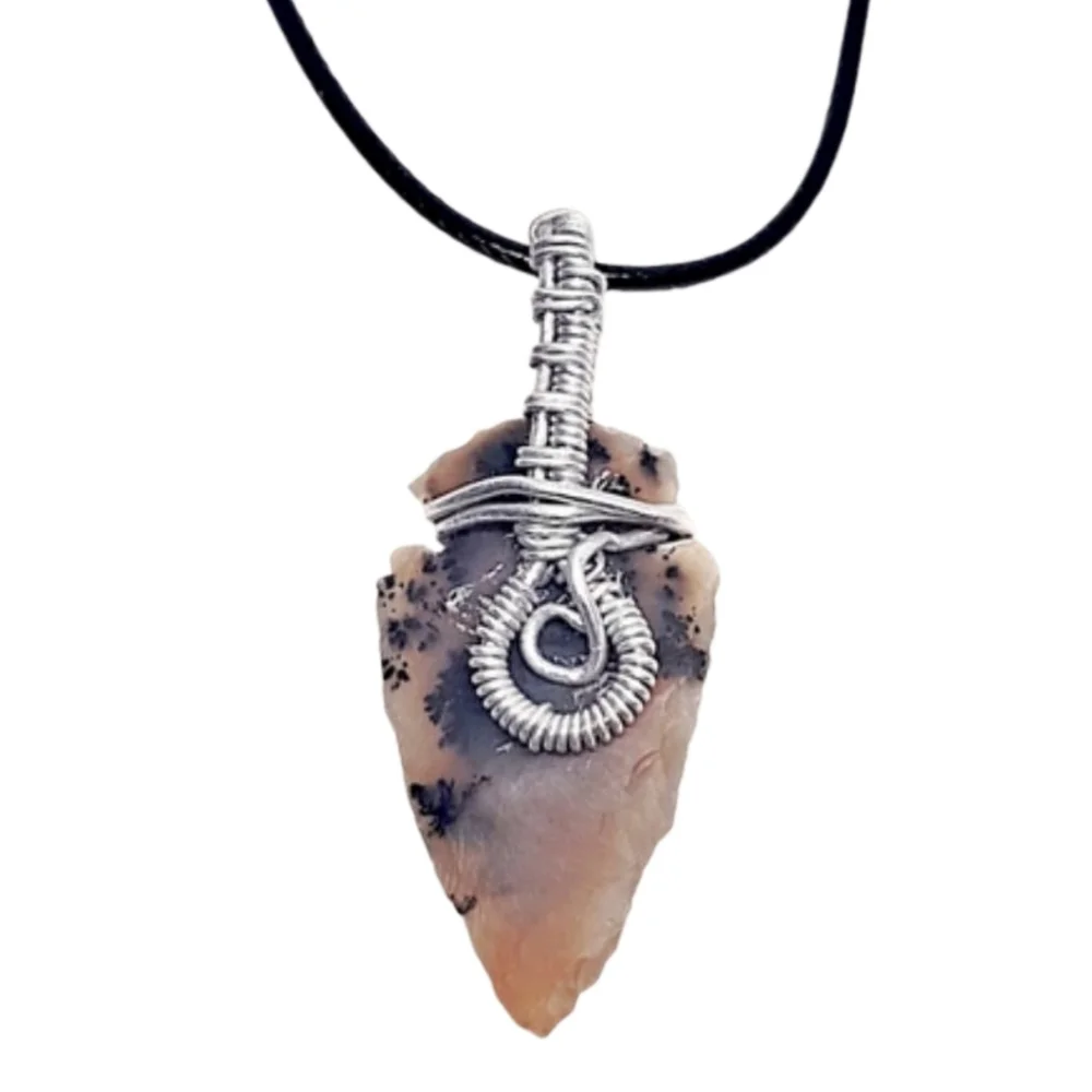 Natural Stone Arrowhead Necklace w/ Architectural Wire Bail | Black Cord | NWOT